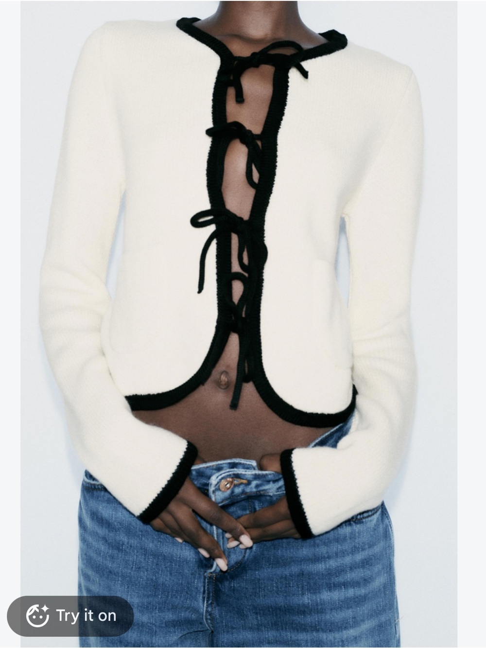 Zara Ecru Tie-Front Knit Cardigan with Black Trim